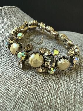 Vintage Regency Bracelet Yellow Gold Lava Rock Cabochon AB Rhinestones Gold Tone